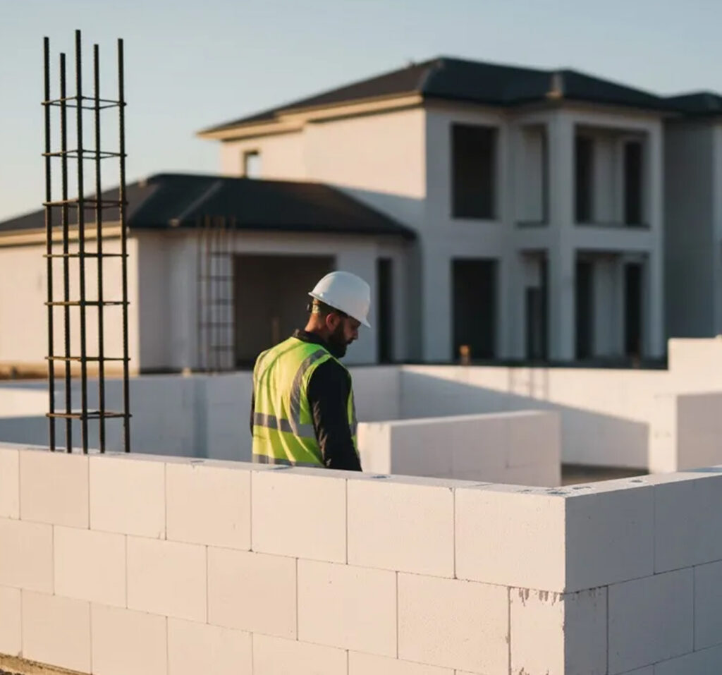 Builder working on blockwork at a new build site