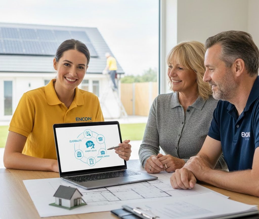 ENCON advisor explaining energy upgrade options to homeowners